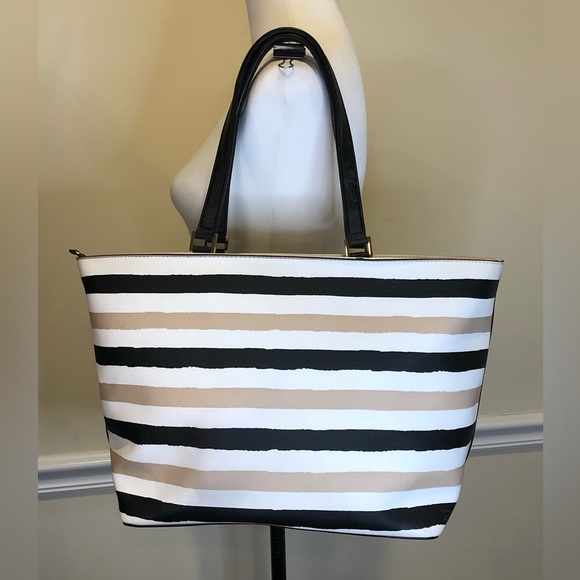 KATE SPADE Striped Zipper Top Two Handle Oversized Tote Beach Bag - Picture 8 of 8